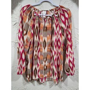 Chico's Women's Pink Orange Ikat Cut-Out Tunic Size 1 Long Sleeve Top Blouse